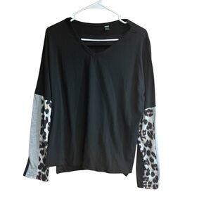 SHEIN Long Sleeve Shirt Black With Grey and Animal Print Sleeves Size L